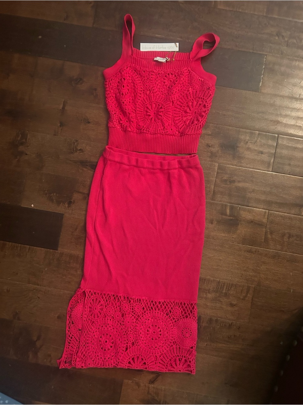 House of Harlow 1960 Hot Pink Crochet Midi Dress set top and skirt